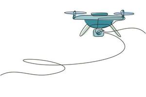 Continuous one line drawing remote control air drone. Drone flying with action video camera. Drone photography and drone video created. Quadcopter with camera. Single line draw design vector graphic