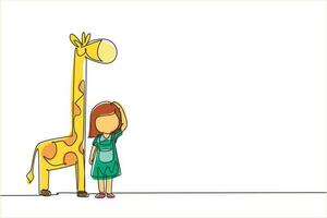dibujo continuo de una línea niña midiendo su altura con un gráfico de altura de jirafa en la pared. el niño mide el crecimiento. niño midiendo el concepto de altura. ilustración gráfica de vector de diseño de dibujo de una sola línea