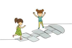Single one line drawing two little girl playing hopscotch at kindergarten yard. Kids playing hopscotch game outside. Hop scotch court drawn with chalk. Continuous line draw design graphic vector