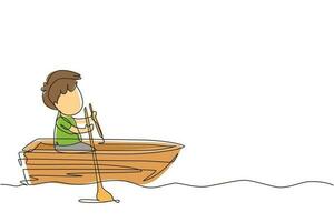 Single continuous line drawing cute little boy riding on boat at river. Kids riding on wooden boat. Kids rowing boat on lake. Happy children paddle boat. Dynamic one line draw graphic design vector