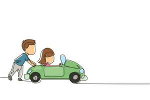 Continuous one line drawing a boy is pushing his friend's car in the road. Boy and girl play with big toy car together. Kids having fun with at backyard. Single line design vector graphic illustration