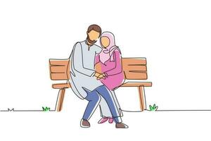 Single continuous line drawing romantic Arab couple. Woman man sitting on bench in city park. Happy family concept. Intimacy celebrates wedding anniversary. Dynamic one line draw graphic design vector