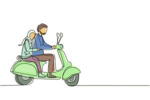 dibujo de una sola línea continua pareja árabe montando motocicleta. el hombre conduciendo scooter y la mujer son pasajeros mientras se abrazan. conduciendo por la ciudad. conducir con seguridad. ilustración de vector de diseño de dibujo de una línea