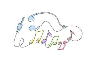 Single one line drawing earphones earbud type white color and music note symbol made from cable isolated on gradient background with copy space. Continuous line draw design graphic vector illustration