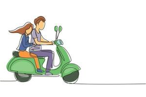 Continuous one line drawing couple riding motorcycle. Man driving scooter and woman are passenger while hugging. Driving around city. Drive safely. Single line draw design vector graphic illustration