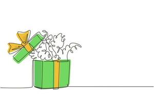 Single continuous line drawing opened gift box with confetti. Present package with bursting element, surprise inside, celebration event, presents, birthday. Dynamic one line draw graphic design vector