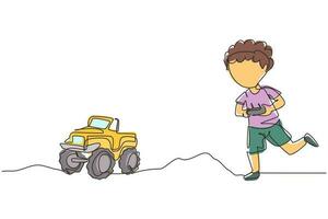 Single one line drawing boy playing with remote-controlled monster truck toy. Kids playing with electronic toy truck with remote control in hands. Continuous line design graphic vector illustration