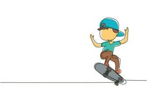 Continuous one line drawing happy smiling boy playing on skateboard. Kid accelerating doing jumping. Children on skateboarding ride at playground. Single line draw design vector graphic illustration