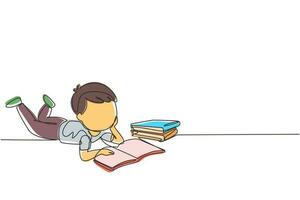 un dibujo continuo de una línea el niño pequeño está leyendo un libro y soñando acostado en el suelo. pila de libros. fuente de conocimiento. estudiante inteligente. ilustración gráfica de vector de diseño de dibujo de una sola línea