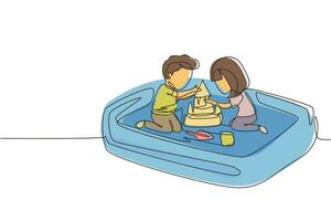 Single continuous line drawing boy and girl of preschool age are playing in sandbox. Two little kids making sandcastle in sandbox. Outdoor game park. One line draw graphic design vector illustration