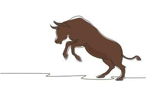 Single one line drawing Aggression wild bull attack. The bull is full of energy. Big buffalo stands up before run. Angry bull at rodeo arena. Continuous line draw design graphic vector illustration