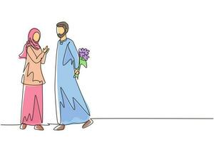 dibujo continuo de una línea el hombre árabe le da flores a la mujer. joven dando a mujer ramo de flores para proponer. pareja romántica enamorada. ilustración gráfica de vector de diseño de dibujo de una sola línea