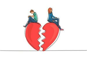 Single continuous line drawing relationship break up, broken heart, couple facing opposite direction. Couple sitting on big broken heart shape. Dynamic one line draw graphic design vector illustration