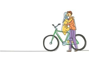 Continuous one line drawing young loving Arabian couple sitting on bicycle and kissing. Romantic human relations, love story, newlywed family in honeymoon traveling adventure. Single line draw design vector