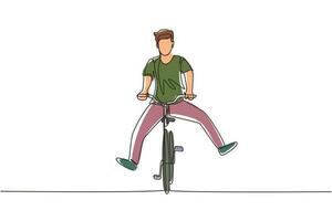 Single continuous line drawing happy young man in casual clothes riding bicycle. Healthy and sport lifestyle. Ecological vehicle of transportation. One line draw graphic design vector illustration