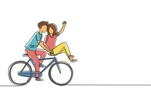 Single one line drawing cute romantic couple on date riding bicycle. Young man and woman in love. Happy married couple cycling together. Modern continuous line draw design graphic vector illustration