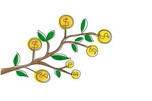 símbolo de dólar de dibujo continuo de una línea colgando de la rama de un árbol. árbol del dinero. billetes en efectivo verdes con monedas de oro. concepto de inversión de dinero de retorno. ilustración de vector de diseño de dibujo de una sola línea
