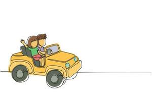 Continuous one line drawing children driving toy car with a little boy and girl smiling, having fun while driving toy car. Kids trip in small car. Single line draw design vector graphic illustration