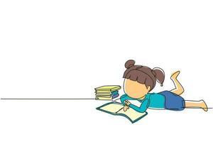 dibujo de una sola línea continua la niña pequeña está leyendo un libro y soñando acostada en el suelo. pila de libros. fuente de conocimiento. estudiante inteligente. ilustración de vector de diseño gráfico de dibujo de una línea