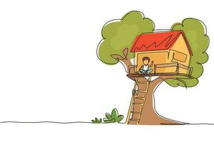 Continuous one line drawing child on tree house, little boy playing on children playground, treehouse with wooden ladder, place for kids games on summer. Single line design vector graphic illustration