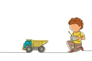 Single continuous line drawing boy playing with remote-controlled dump truck toy. Cute kids playing with electronic dump truck toy with remote control in hands. One line draw graphic design vector