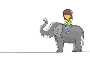 dibujo de una sola línea niña feliz montando elefante. niño sentado en elefante trasero y viajando. niños aprendiendo a montar en elefante. ilustración de vector gráfico de diseño de dibujo de línea continua moderna