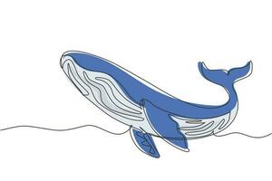 Continuous one line drawing wild whale fish swimming in sea life. Marine animal digital concept. Blue whale and scuba diver under ocean water. Single line draw design vector graphic illustration