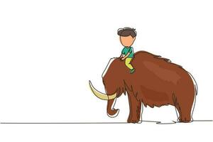 Continuous one line drawing little boy caveman riding woolly mammoth. Young kid sitting on back of mammoth. Stone age children. Ancient human life. Single line draw design vector graphic illustration