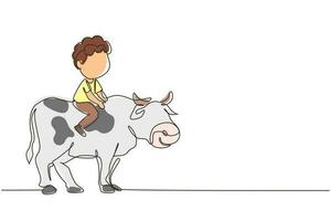 dibujo continuo de una línea niño feliz montando vaca. niño alegre sentado en la vaca trasera con silla de montar en el suelo del rancho. niños aprendiendo a montar vaca. ilustración gráfica de vector de diseño de dibujo de una sola línea