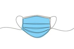 Single continuous line drawing surgical face mask. Medical protective masks. Corona virus protection mask with ear loop, in a front, three ply. Dynamic one line draw graphic design vector illustration