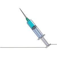 Single one line drawing medical disposable syringe with needle. Applicable for vaccine injection, vaccination illustration. Plastic syringe with needle. Continuous line draw design graphic vector