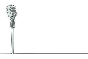 Single one line drawing vintage retro stage microphone. Old technology stand microphone concept for comedian at standup comedy show. Modern continuous line draw design graphic vector illustration