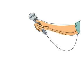 Single continuous line drawing female hand with microphone, on white background. Reporter television tv news holding microphone in her hand. Dynamic one line draw graphic design vector illustration