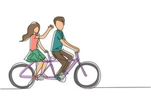 Continuous one line drawing romantic couple. Happy couple is riding tandem bicycle together. Happy family. Intimacy celebrates wedding anniversary. Single line draw design vector graphic illustration