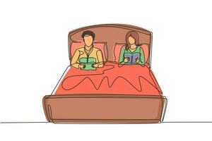 dibujo de una sola línea pareja casada antes de ir a la cama, leer libros. hombre y mujer acostados en la cama juntos y leyendo un libro. pareja romántica descansando en el dormitorio. gráfico de diseño de dibujo de línea continua vector