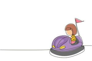 Single continuous line drawing cute little girl riding in bump car. Happy kids driving bumpercar. Children riding bump cars in amusement park. Dynamic one line draw graphic design vector illustration