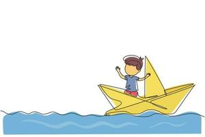 Continuous one line drawing cute smiling little boy sailing on paper boat. Happy smiling kid having fun and playing sailor in imaginary world. Single line draw design vector graphic illustration