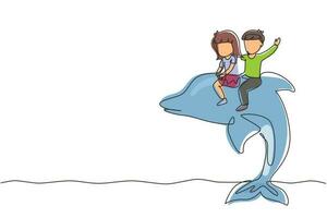 dibujo de una sola línea niño y niña montando delfines juntos. niños sentados en delfines traseros en la piscina. niños con delfines nadando en el agua. vector gráfico de diseño de dibujo de línea continua