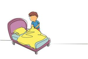 Single continuous line drawing little boy making the bed. Kids doing housework chores at home concept. Kids routine after waking up to tidy up the bed. One line draw graphic design vector illustration