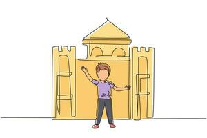 Continuous one line drawing cheerful boy playing in castle made of cardboard boxes. Happy little medieval prince. Creative kid playing castle. Single line draw design vector graphic illustration