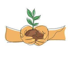 Single continuous line drawing hands holding plant in soil on white background. Environment earth day in the hands of trees growing seedlings. Dynamic one line draw graphic design vector illustration