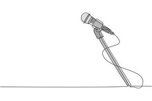 Single one line drawing stand with microphone on white background. Singer sing song with standing mic at music concert summer festival. Modern continuous line draw design graphic vector illustration