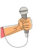 Single one line drawing karaoke man sings song to microphone. Singer holding a microphone in his hand at karaoke singer sings the song. Modern continuous line draw design graphic vector illustration