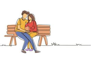 Single continuous line drawing romantic couple. Woman man sitting on bench in city park. Happy family concept. Intimacy celebrates wedding anniversary. One line draw graphic design vector illustration
