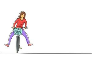 Single one line drawing happy young woman in casual clothes riding bicycle. Healthy and sport lifestyle. Ecological vehicle of transportation. Continuous line draw design graphic vector illustration