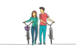 Single continuous line drawing cyclists walking down forest road with their bicycles on summer day. Young man and woman in love. Happy romantic married couple. One line draw graphic design vector