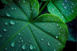 Green leaf background close up view with dew drops on leaves. Nature foliage abstract of leave texture for showing concept of green business and ecology for organic greenery background. photo