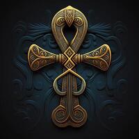 Ancient golden ankh symbol isolated on dark background. Illustration of an Egyptian cross in digital form. The ancient Egyptians used the Ankh as a symbol for eternal life. photo