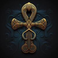 Ancient golden ankh symbol isolated on dark background. Illustration of an Egyptian cross in digital form. The ancient Egyptians used the Ankh as a symbol for eternal life. photo