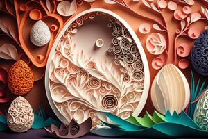 paper cut quilling multi dimensional easter egg in easter celebration, a lot of egg and small rabbit in background. Spring concept. photo